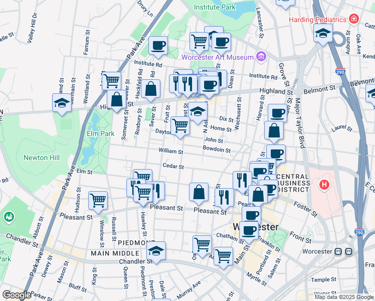 map of restaurants, bars, coffee shops, grocery stores, and more near 42 William Street in Worcester