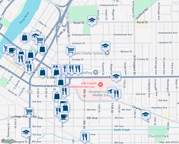 map of restaurants, bars, coffee shops, grocery stores, and more near 1240 East State Street in Rockford