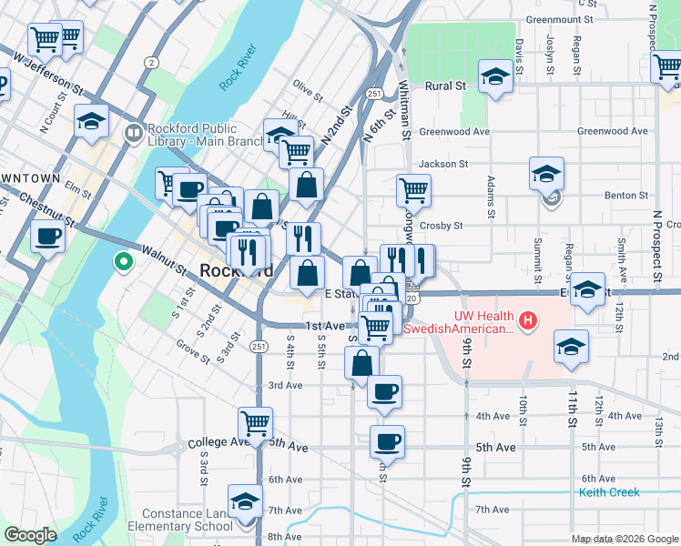 map of restaurants, bars, coffee shops, grocery stores, and more near 810 East State Street in Rockford