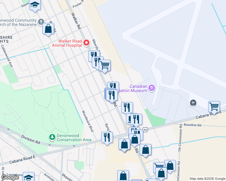 map of restaurants, bars, coffee shops, grocery stores, and more near 3861 Riberdy Road in Windsor