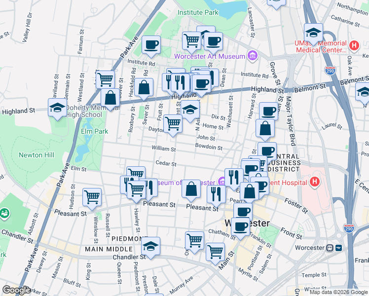 map of restaurants, bars, coffee shops, grocery stores, and more near 42 William Street in Worcester