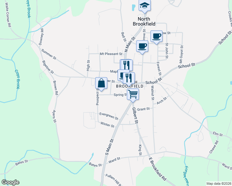 map of restaurants, bars, coffee shops, grocery stores, and more near 19 Spring Street in North Brookfield
