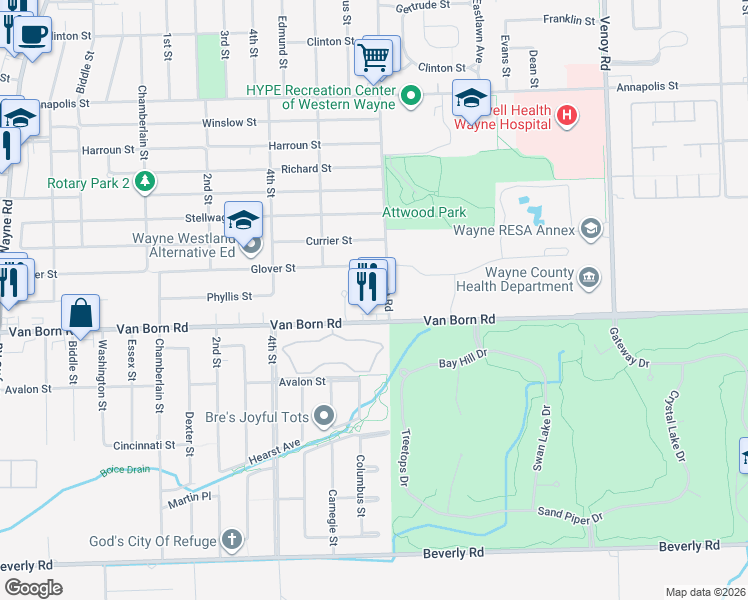 map of restaurants, bars, coffee shops, grocery stores, and more near 33970 Van Born Road in Wayne