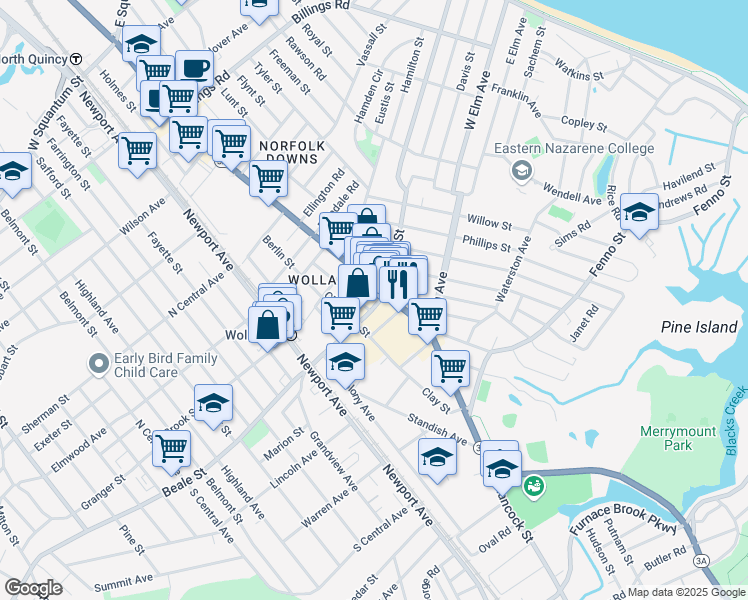 map of restaurants, bars, coffee shops, grocery stores, and more near 31 Beale Street in Quincy