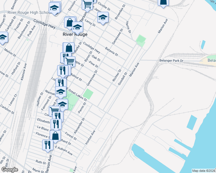 map of restaurants, bars, coffee shops, grocery stores, and more near 147 Walnut Street in River Rouge