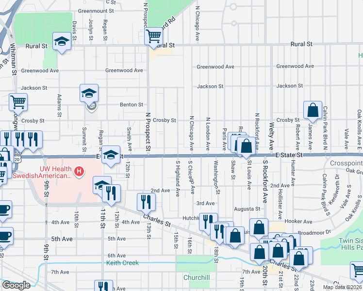 map of restaurants, bars, coffee shops, grocery stores, and more near 1822 East State Street in Rockford