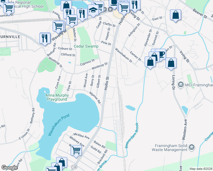 map of restaurants, bars, coffee shops, grocery stores, and more near 390 Hollis Street in Framingham