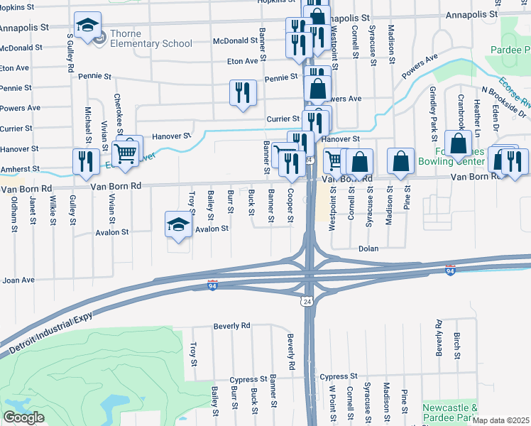 map of restaurants, bars, coffee shops, grocery stores, and more near 5965 Banner Street in Taylor