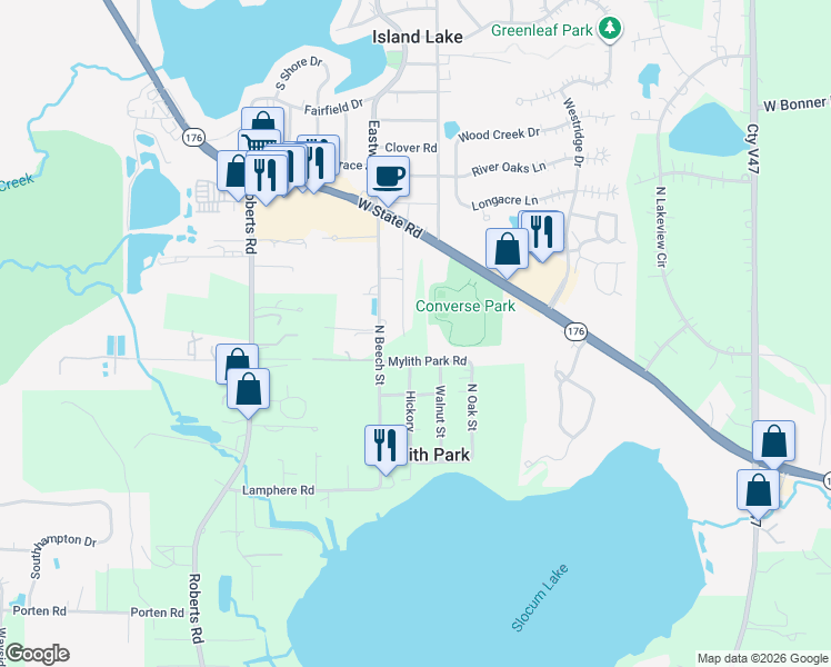 map of restaurants, bars, coffee shops, grocery stores, and more near 27773 North Converse Road in McHenry