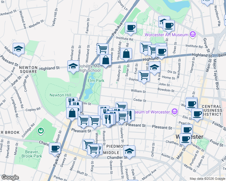 map of restaurants, bars, coffee shops, grocery stores, and more near 81 William Street in Worcester