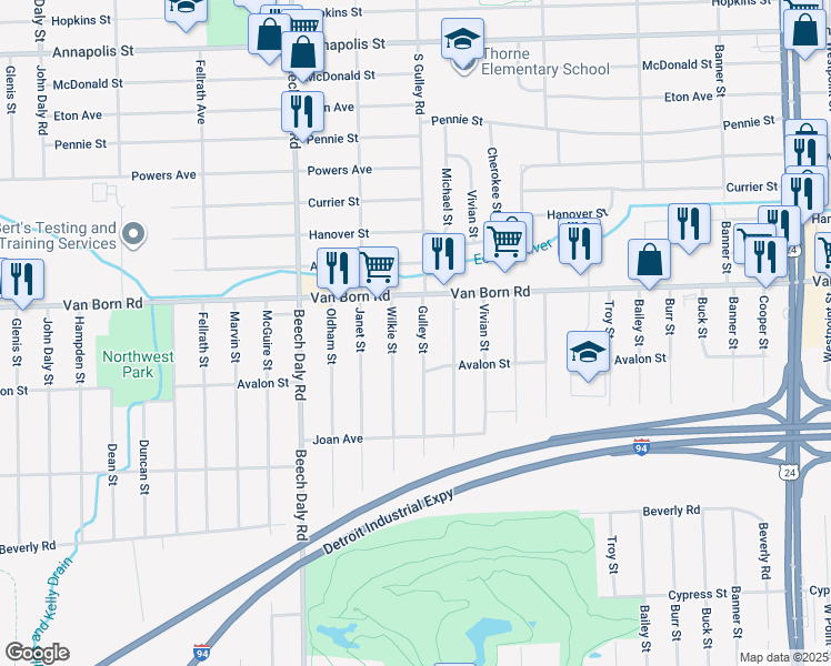 map of restaurants, bars, coffee shops, grocery stores, and more near 5886 Gulley Street in Taylor