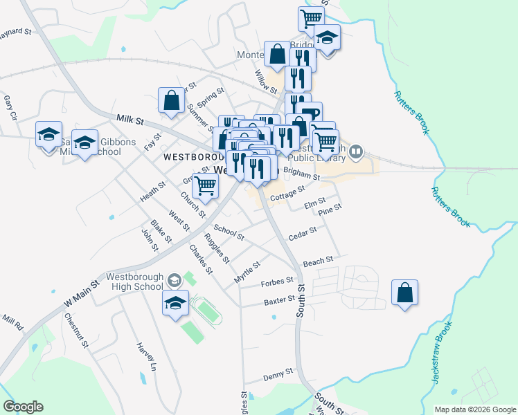 map of restaurants, bars, coffee shops, grocery stores, and more near 41 South Street in Westborough