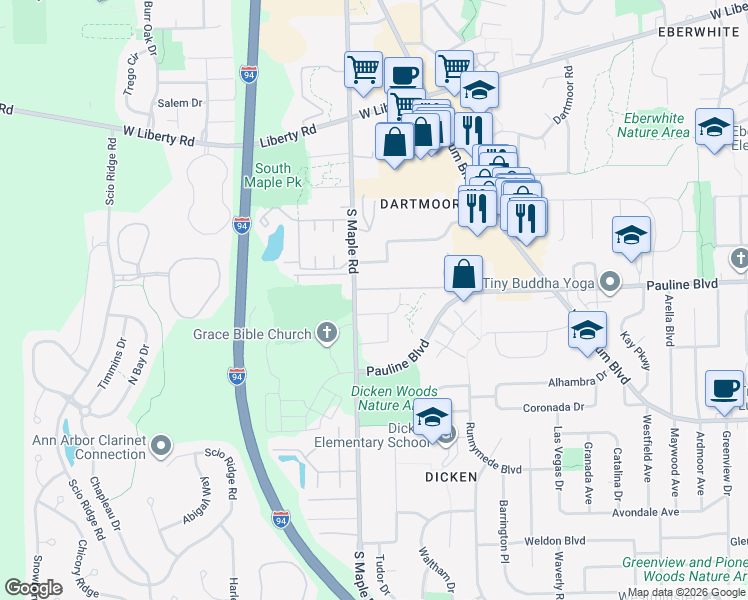 map of restaurants, bars, coffee shops, grocery stores, and more near 1241 South Maple Road in Ann Arbor