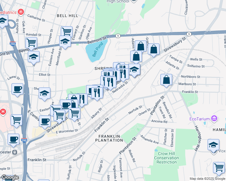 map of restaurants, bars, coffee shops, grocery stores, and more near 9 Muskeego Street in Worcester