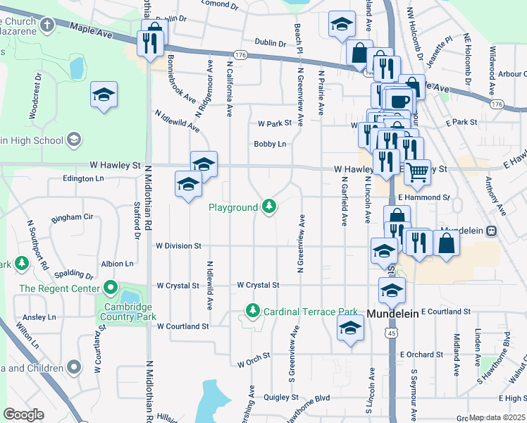 map of restaurants, bars, coffee shops, grocery stores, and more near 251 North Pershing Avenue in Mundelein