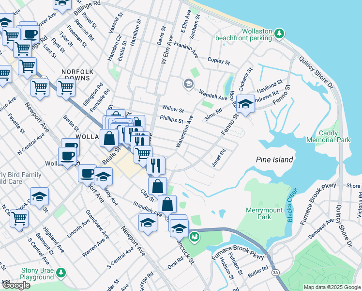 map of restaurants, bars, coffee shops, grocery stores, and more near 55 Waterston Avenue in Quincy