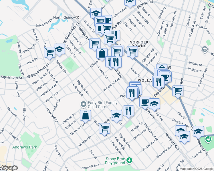 map of restaurants, bars, coffee shops, grocery stores, and more near 223 Farrington Street in Quincy