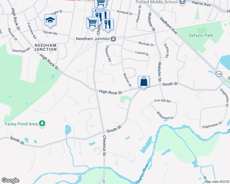 map of restaurants, bars, coffee shops, grocery stores, and more near 72 High Rock Street in Needham
