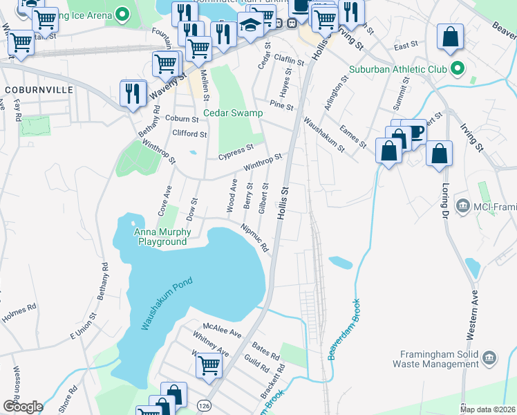 map of restaurants, bars, coffee shops, grocery stores, and more near 88 Gilbert Street in Framingham