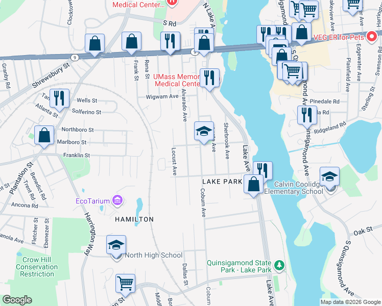 map of restaurants, bars, coffee shops, grocery stores, and more near 160 Coburn Avenue in Worcester