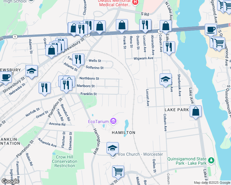map of restaurants, bars, coffee shops, grocery stores, and more near 4 Angela Rose Lane in Worcester