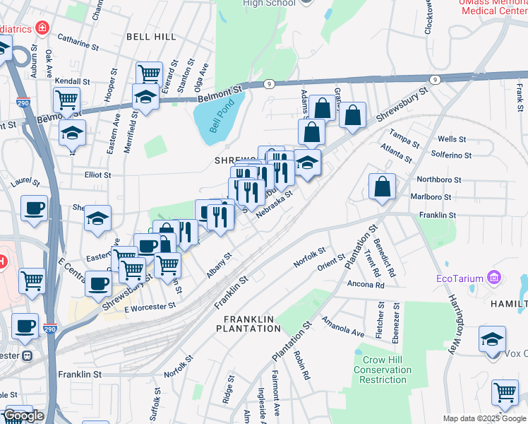 map of restaurants, bars, coffee shops, grocery stores, and more near 9 Muskeego Street in Worcester