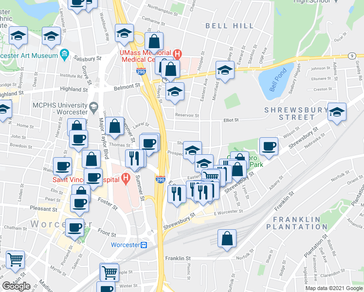 map of restaurants, bars, coffee shops, grocery stores, and more near 1 Normal Street in Worcester