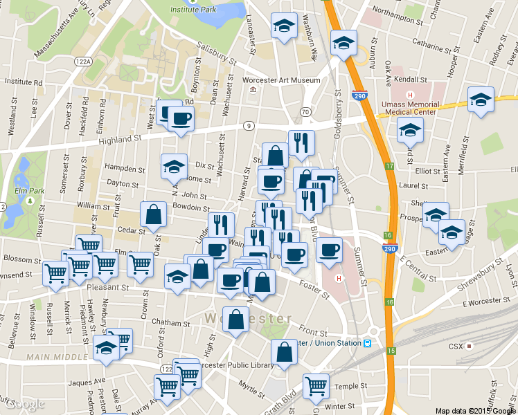 map of restaurants, bars, coffee shops, grocery stores, and more near 5 Eden Street in Worcester