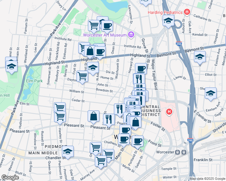 map of restaurants, bars, coffee shops, grocery stores, and more near 9 William Street in Worcester