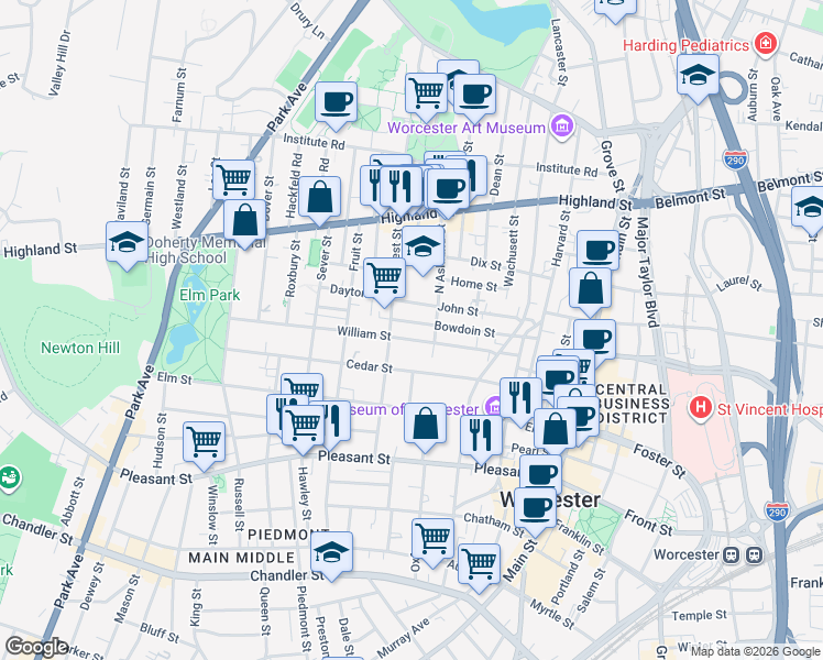 map of restaurants, bars, coffee shops, grocery stores, and more near 42 William Street in Worcester
