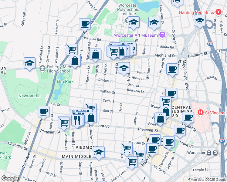 map of restaurants, bars, coffee shops, grocery stores, and more near 38 Cedar Street in Worcester