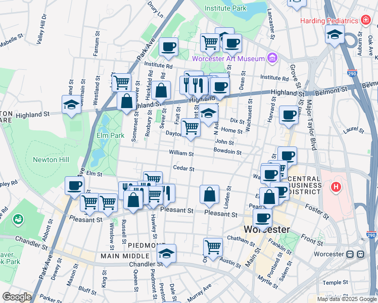 map of restaurants, bars, coffee shops, grocery stores, and more near 38 Cedar Street in Worcester