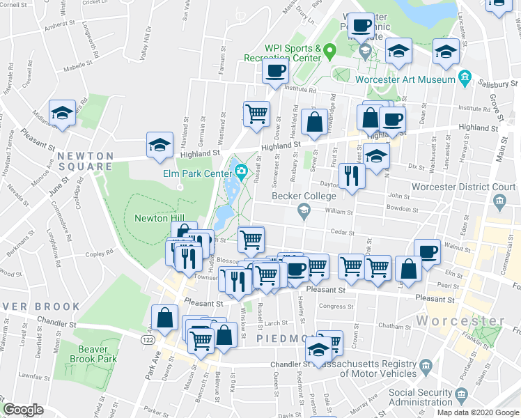 map of restaurants, bars, coffee shops, grocery stores, and more near 67 Cedar Street in Worcester