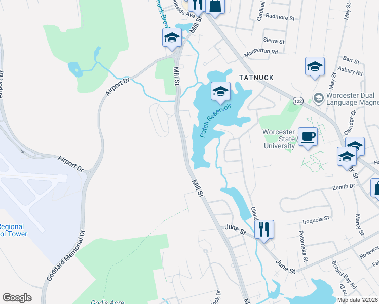 map of restaurants, bars, coffee shops, grocery stores, and more near 465 Mill Street in Worcester