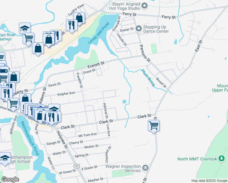 map of restaurants, bars, coffee shops, grocery stores, and more near 96 Briggs Street in Easthampton