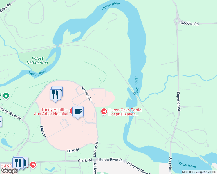 map of restaurants, bars, coffee shops, grocery stores, and more near 5341 McAuley Drive in Ypsilanti