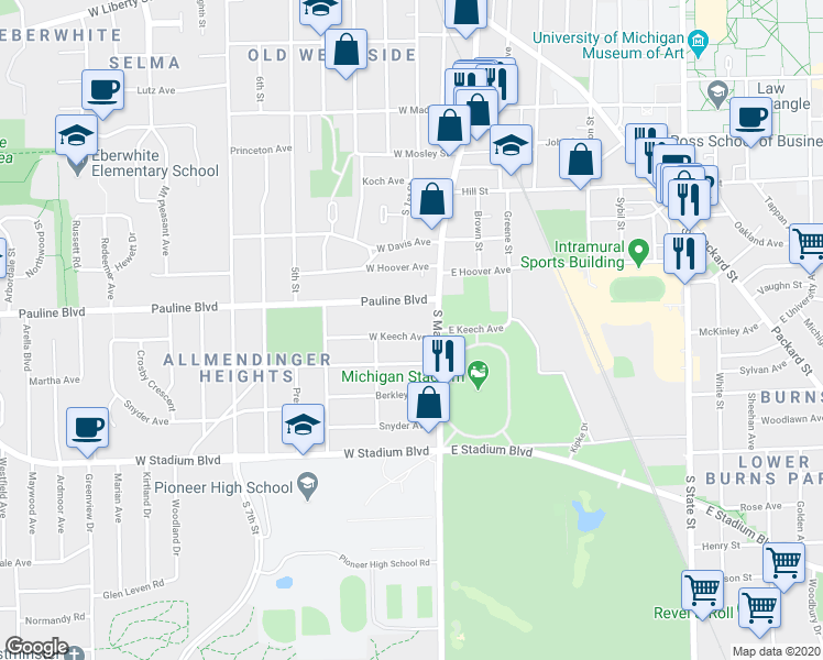 map of restaurants, bars, coffee shops, grocery stores, and more near 304 Potter Avenue in Ann Arbor