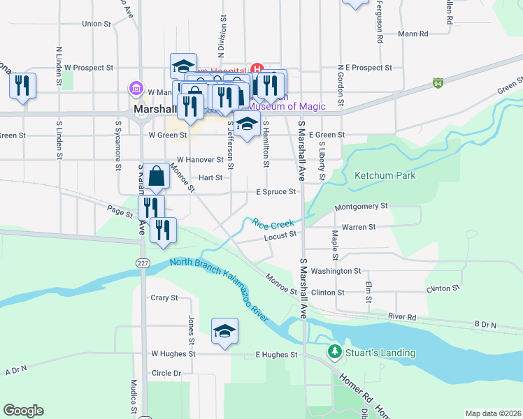 map of restaurants, bars, coffee shops, grocery stores, and more near 325 Locust Street in Marshall