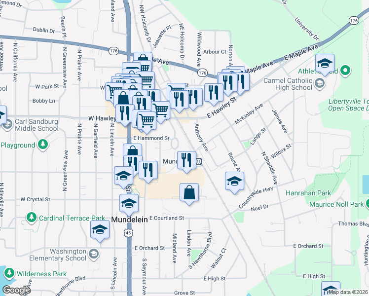 map of restaurants, bars, coffee shops, grocery stores, and more near 205 North Archer Avenue in Mundelein