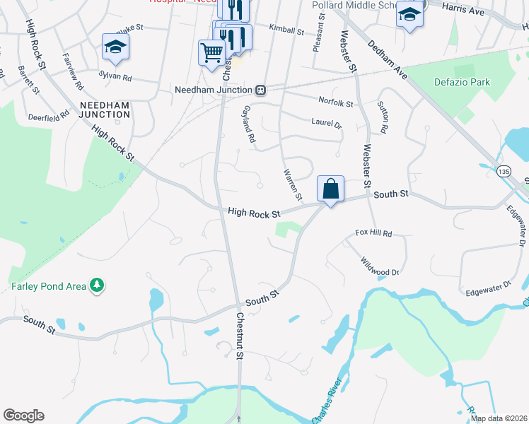 map of restaurants, bars, coffee shops, grocery stores, and more near 72 High Rock Street in Needham