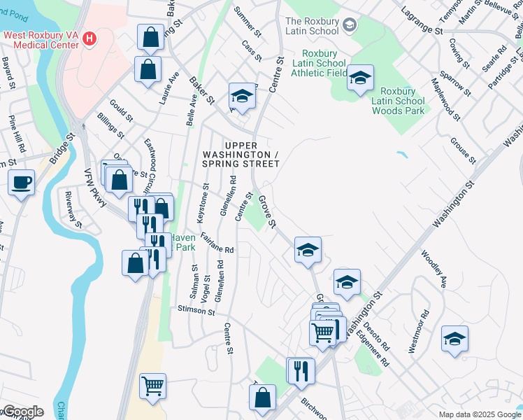 map of restaurants, bars, coffee shops, grocery stores, and more near 49 Grove Street in Boston