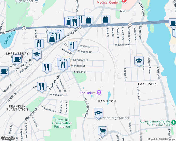 map of restaurants, bars, coffee shops, grocery stores, and more near 758 Franklin Street in Worcester
