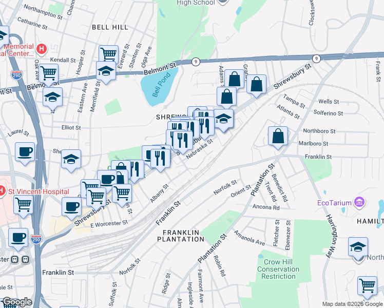 map of restaurants, bars, coffee shops, grocery stores, and more near 9 Muskeego Street in Worcester