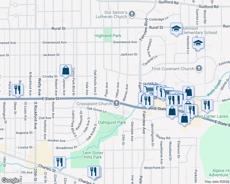 map of restaurants, bars, coffee shops, grocery stores, and more near 105 Hilton Avenue in Rockford