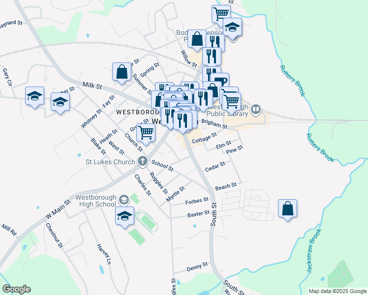 map of restaurants, bars, coffee shops, grocery stores, and more near 41 South Street in Westborough