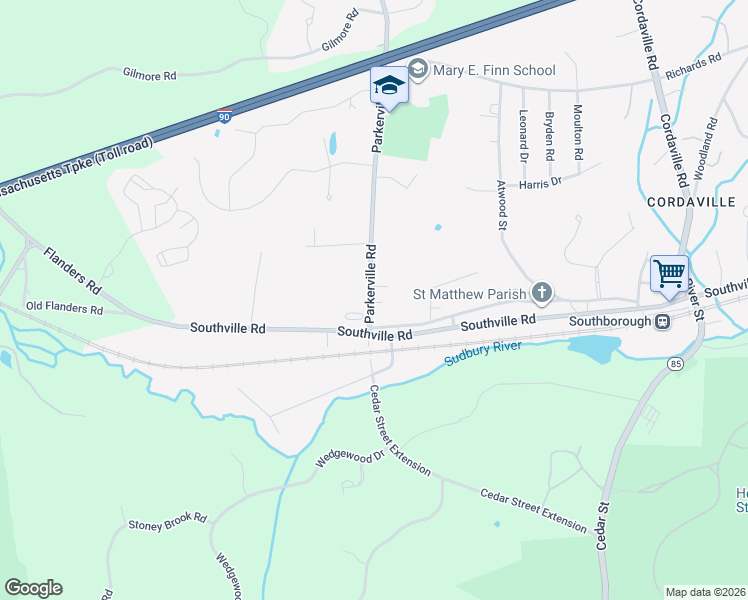 map of restaurants, bars, coffee shops, grocery stores, and more near 258 Parkerville Road in Southborough