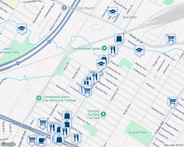 map of restaurants, bars, coffee shops, grocery stores, and more near 15547 Keppen Avenue in Allen Park
