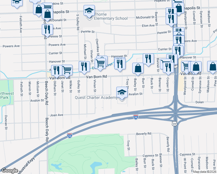map of restaurants, bars, coffee shops, grocery stores, and more near 5978 Westlake Street in Taylor