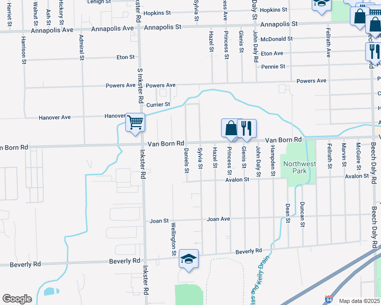 map of restaurants, bars, coffee shops, grocery stores, and more near 5882 Daniels Street in Taylor