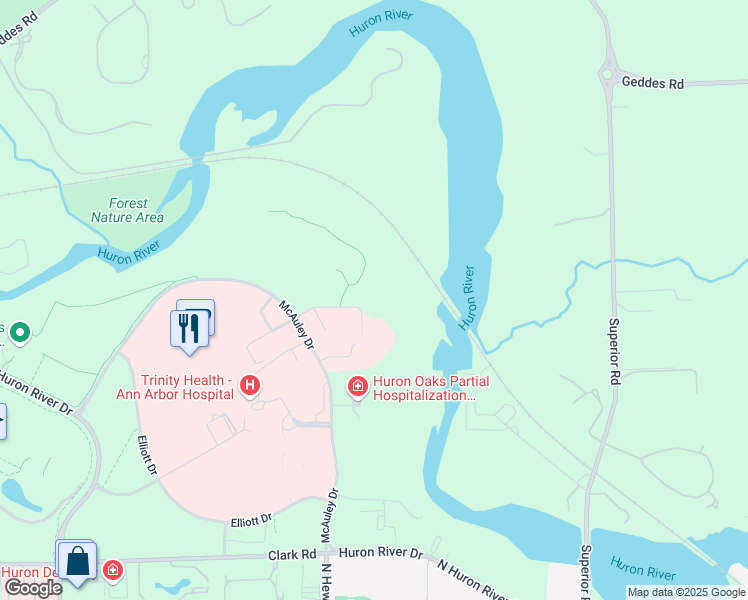 map of restaurants, bars, coffee shops, grocery stores, and more near 5341 McAuley Drive in Ypsilanti